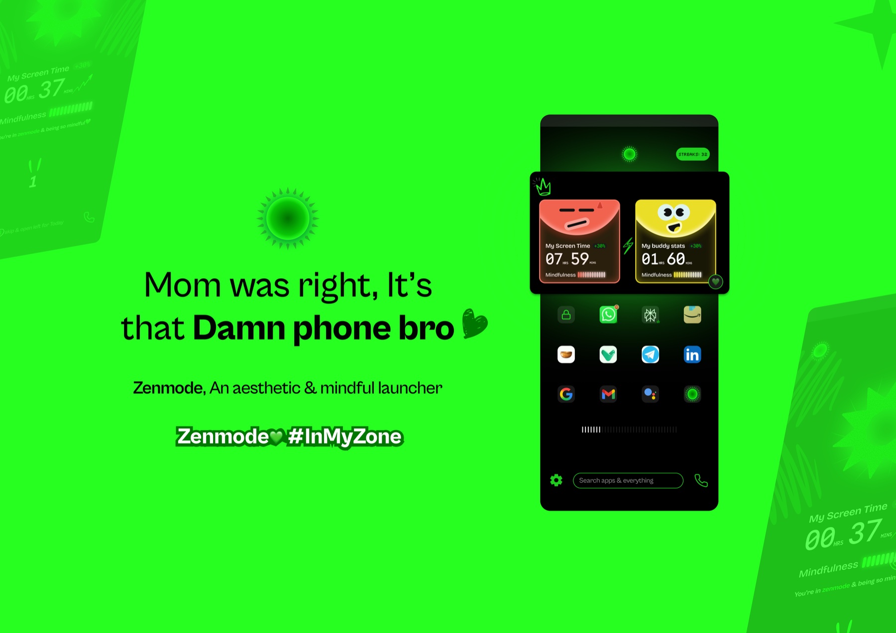 ZenMode mindful Android launcher with buddy accountability stats