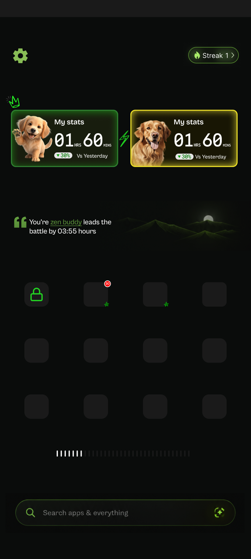 ZenMode launcher home screen with buddy battle stats, streak counter, and search bar