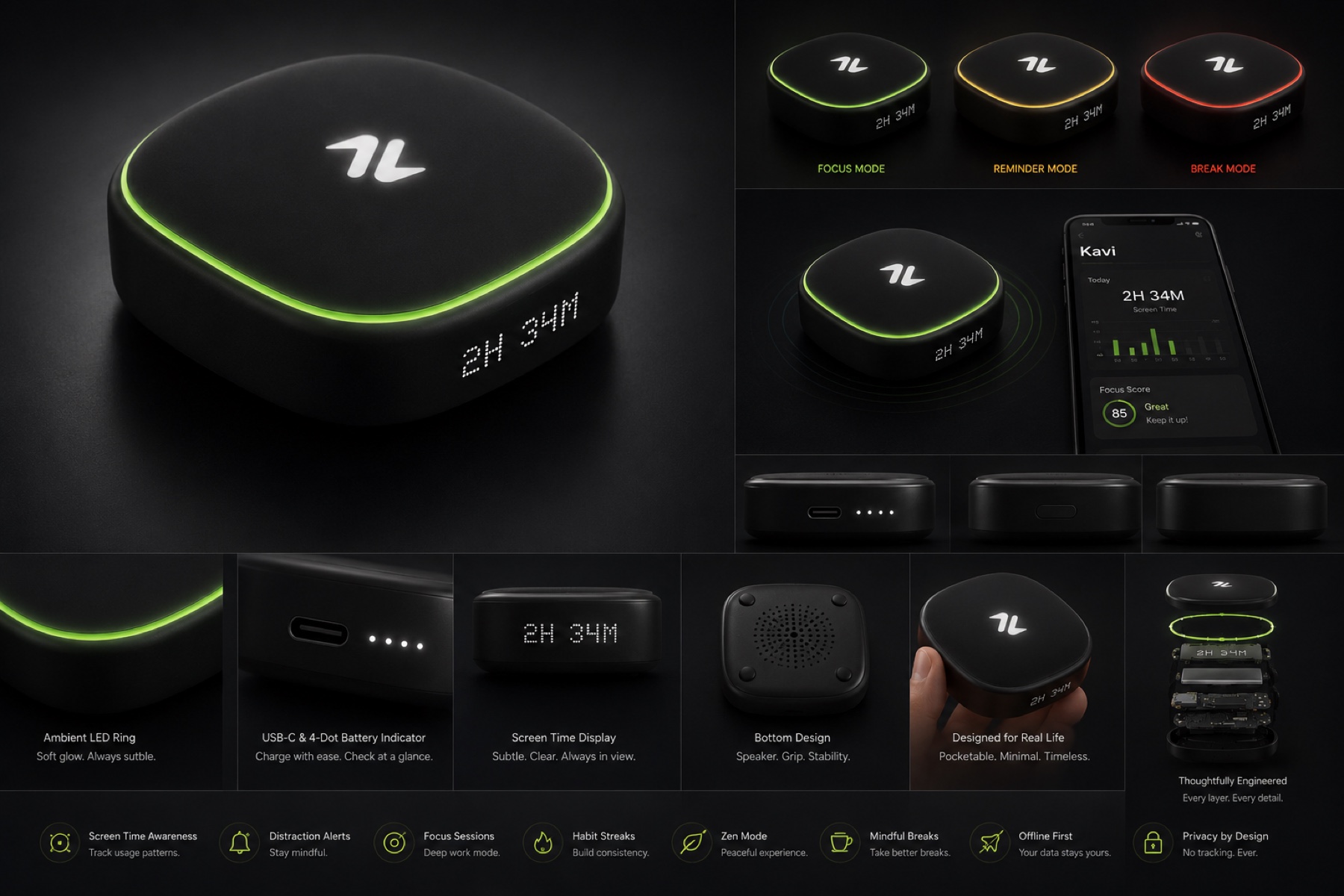 ZenMode focus companion industrial design board: focus, reminder and break LED modes, companion app, USB-C charging, screen-time display, speaker, exploded engineering view, and feature icons