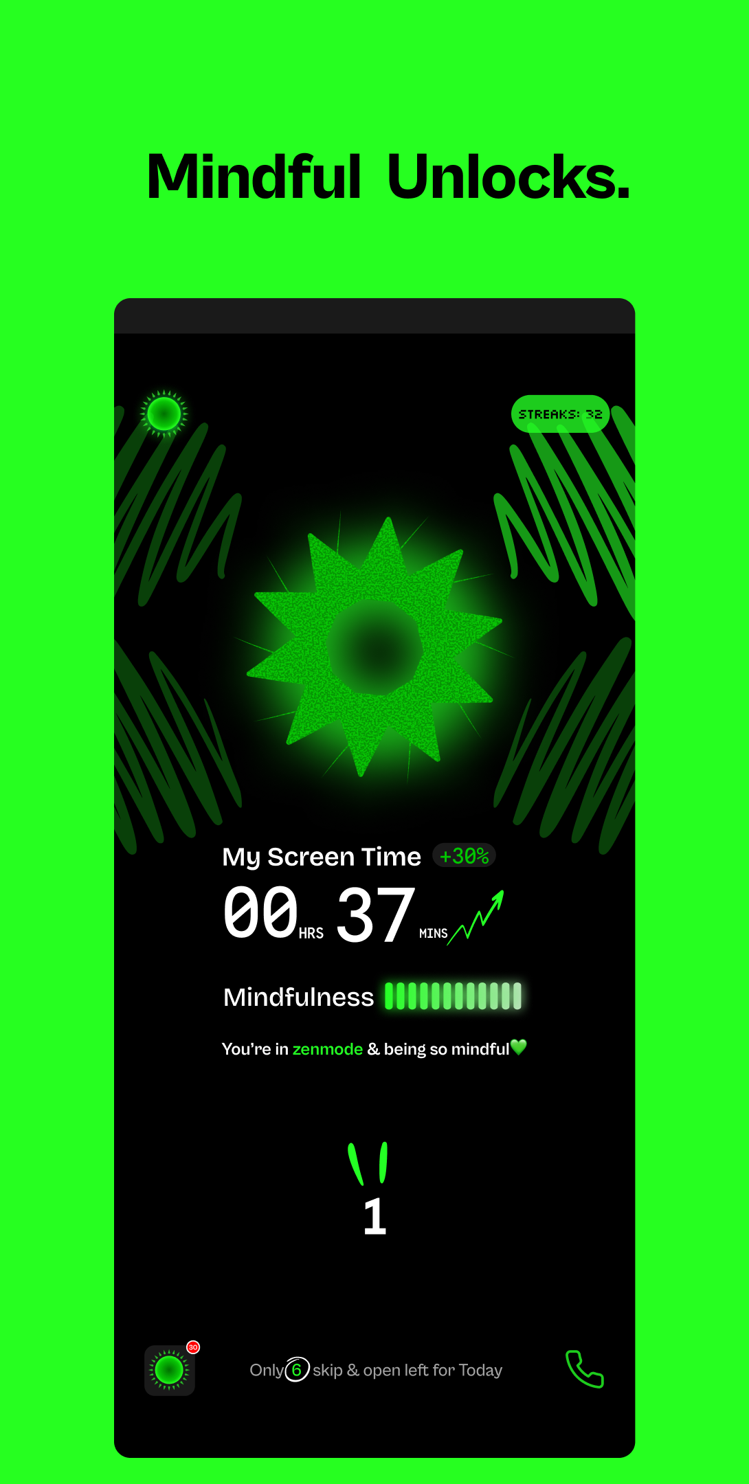 ZenMode Play Store frame: Mindful Unlocks, 00 hours 37 minutes screen time with a mindfulness meter