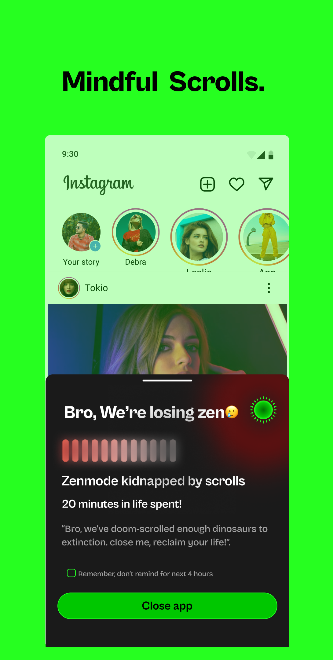ZenMode Play Store frame: Mindful Scrolls, a doom-scroll overlay over Instagram saying we're losing zen